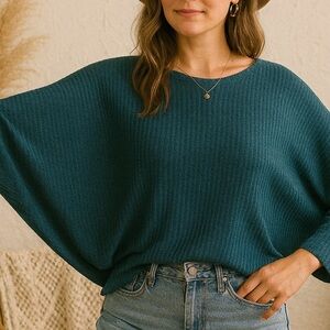 Heimious Teal Dolman Batwing Waffle Knit Top Size M Boho Cabin Core